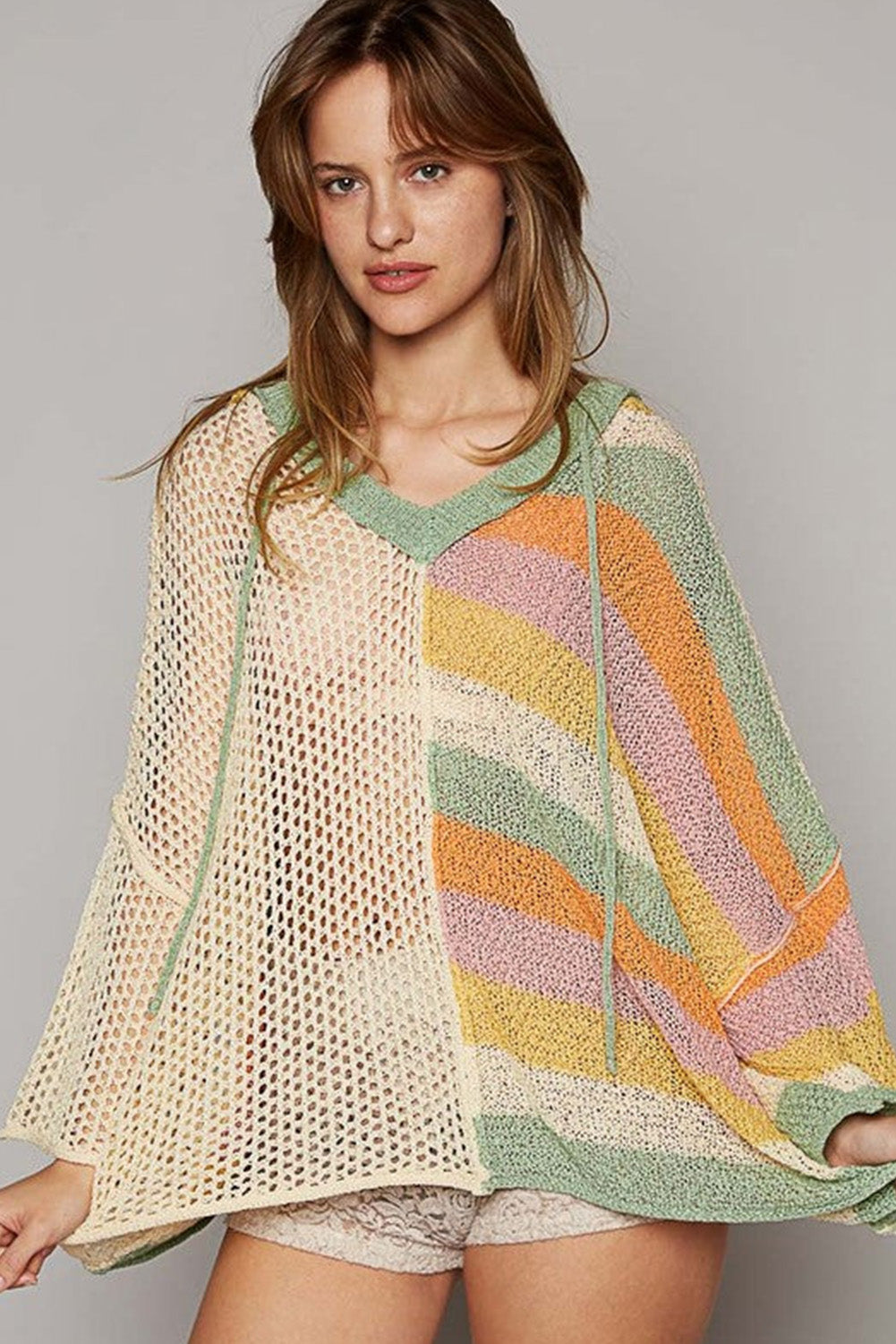Beige Oversized Colorblock V Neck Hooded Sweater Pre Order Sweaters & Cardigans JT's Designer Fashion