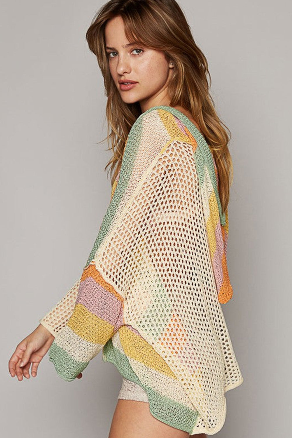 Beige Oversized Colorblock V Neck Hooded Sweater Pre Order Sweaters & Cardigans JT's Designer Fashion