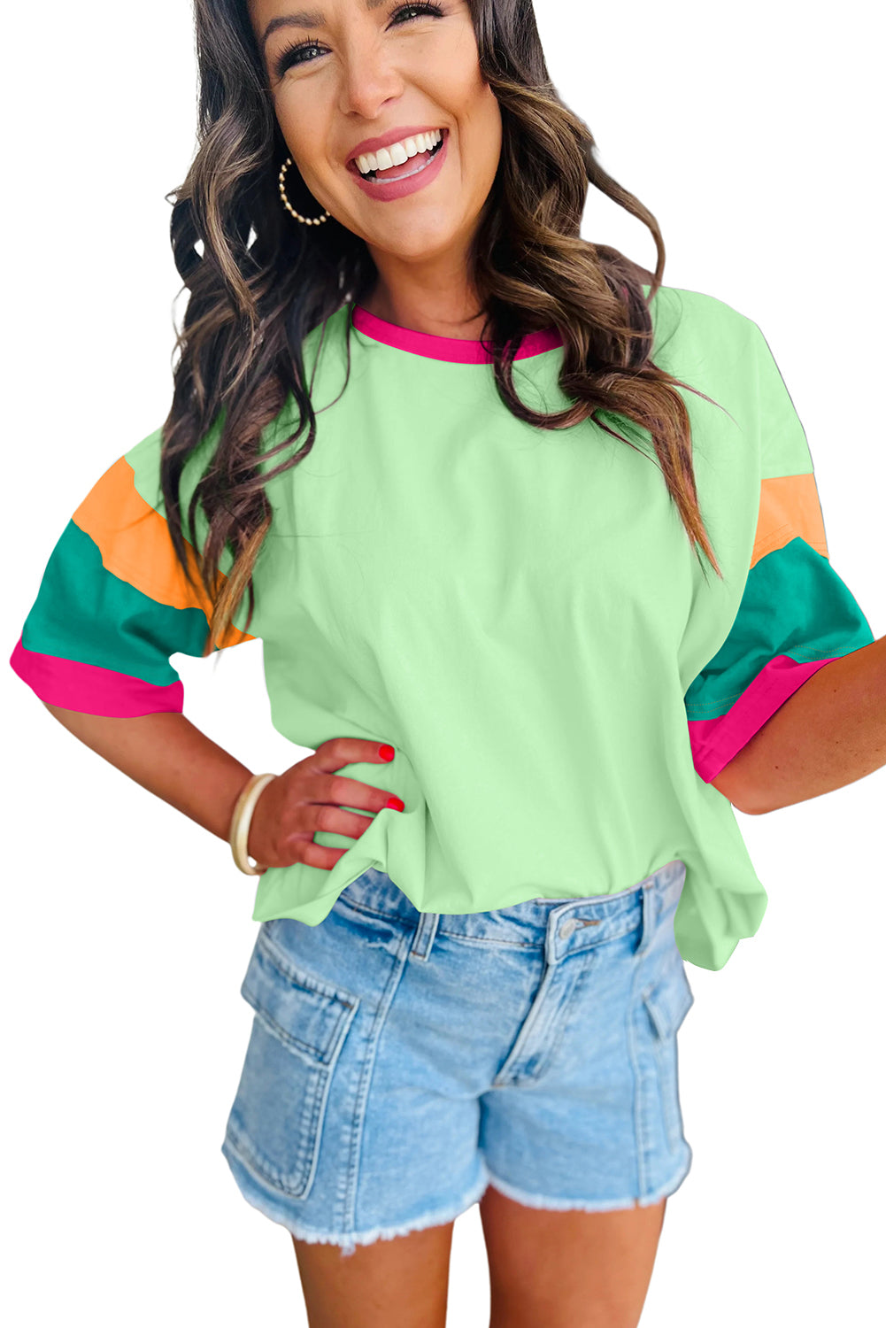 Green Color Block Stitching Sleeve Round Neck Oversize Top Pre Order Tops JT's Designer Fashion