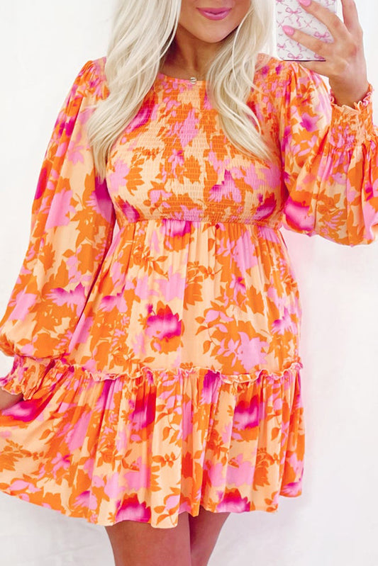 Orange Abstract Print Smocked Bust Lantern Sleeve Ruffle Mini Dress Pre Order Dresses JT's Designer Fashion