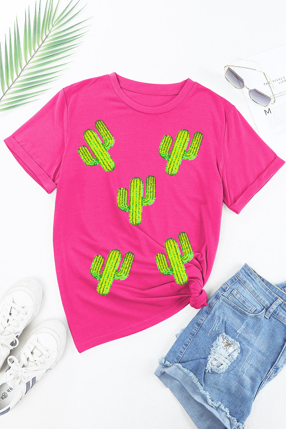 Rose Red Western Sequin Cactus Round Neck Graphic T Shirt Graphic Tees JT's Designer Fashion