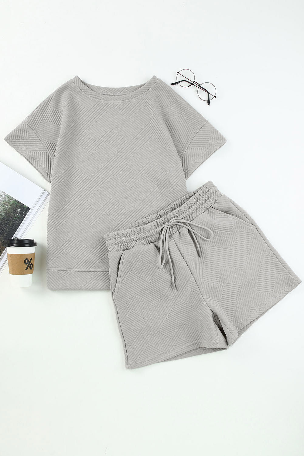 Gray 2pcs Solid Textured Drawstring Shorts Set Short Sets JT's Designer Fashion