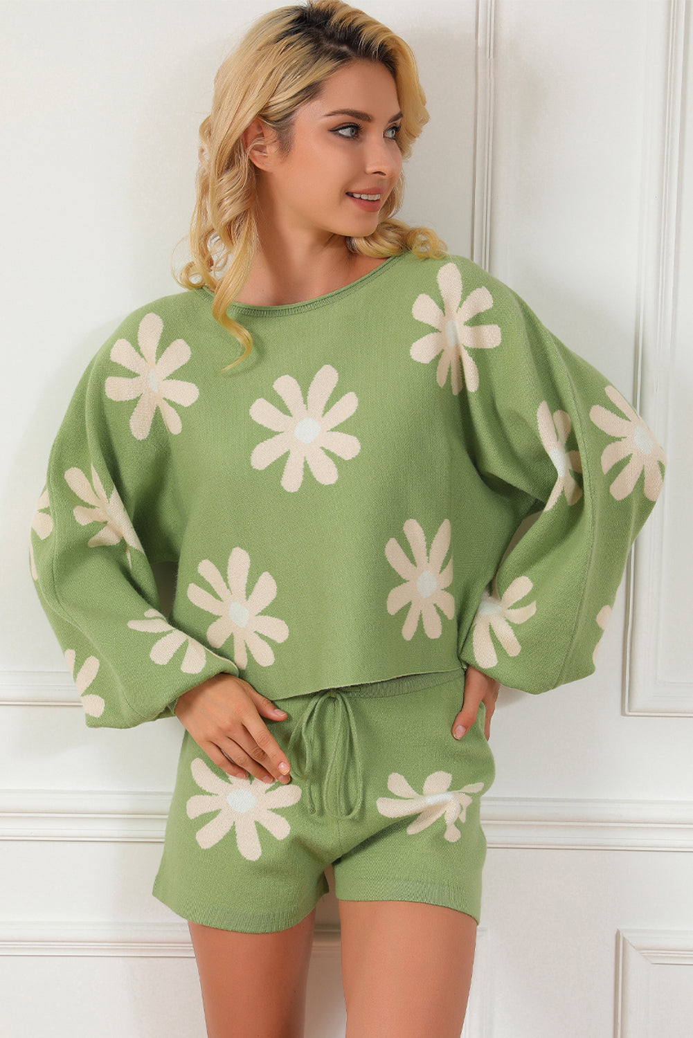 Green Flower Print Bubble Sleeve Knitted Sweater and Shorts Set Short Sets JT's Designer Fashion