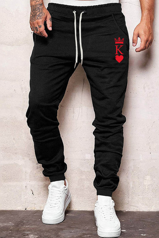 Black Crown K Heart Graphic Men Sweatpants Black 65%Polyester+35%Cotton Men's Pants JT's Designer Fashion