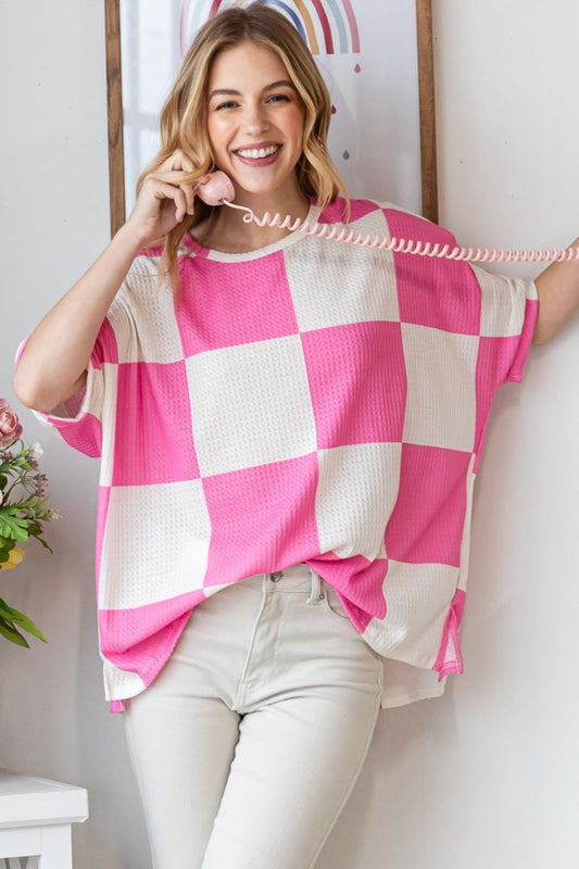 HOPELY Checkered Waffle Oversized T-Shirt Hot Pink Blouses & Shirts JT's Designer Fashion