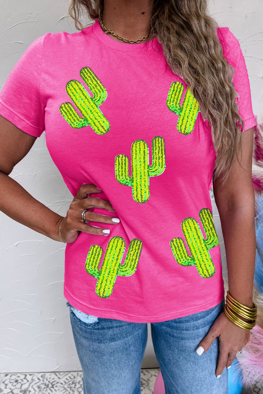 Rose Red Western Sequin Cactus Round Neck Graphic T Shirt Graphic Tees JT's Designer Fashion