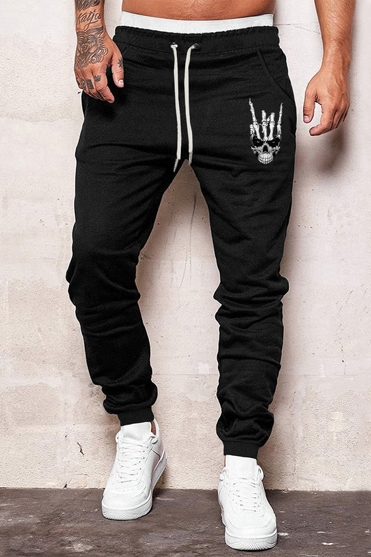Black Skull Skeleton Print Drawstring Pockets Men's Sweatpants Black 65%Polyester+35%Cotton Men's Pants JT's Designer Fashion