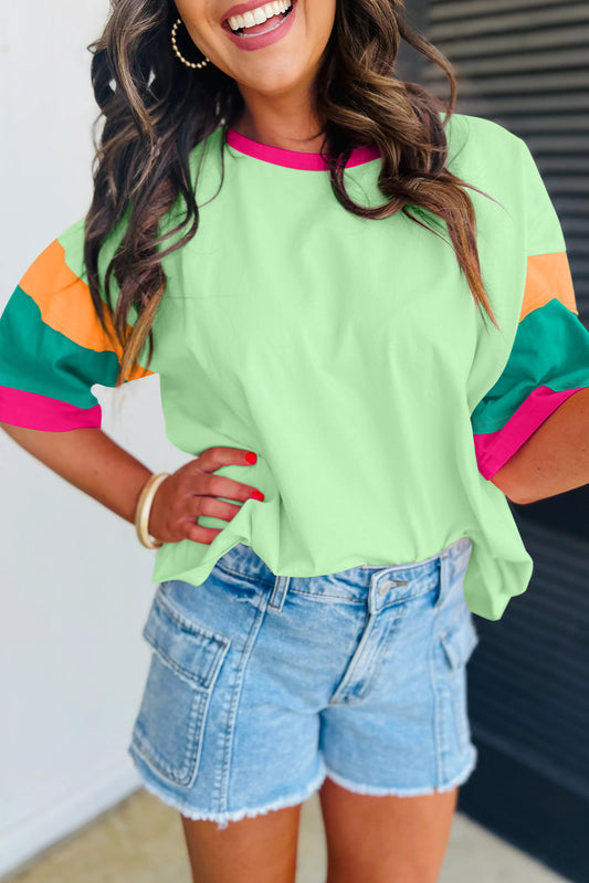 Green Color Block Stitching Sleeve Round Neck Oversize Top