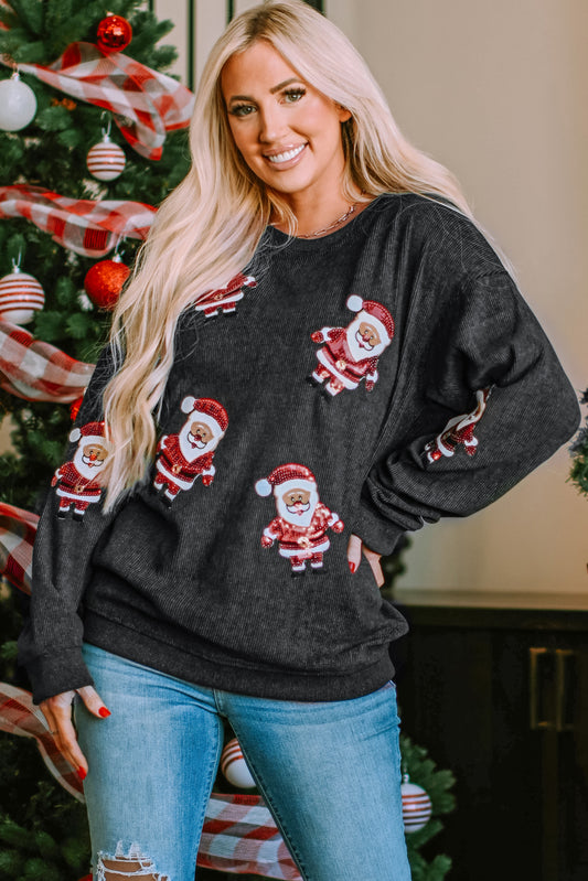 Black Sequined Santa Claus Graphic Corded Sweatshirt Graphic Sweatshirts JT's Designer Fashion