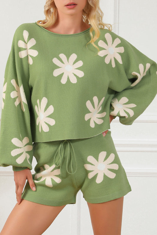 Green Flower Print Bubble Sleeve Knitted Sweater and Shorts Set Short Sets JT's Designer Fashion