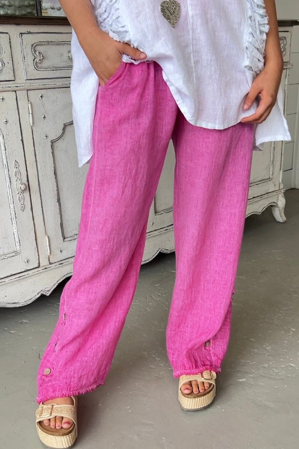 Bright Pink Button Frayed Wide Leg Cotton Linen Pants Pre Order Bottoms JT's Designer Fashion