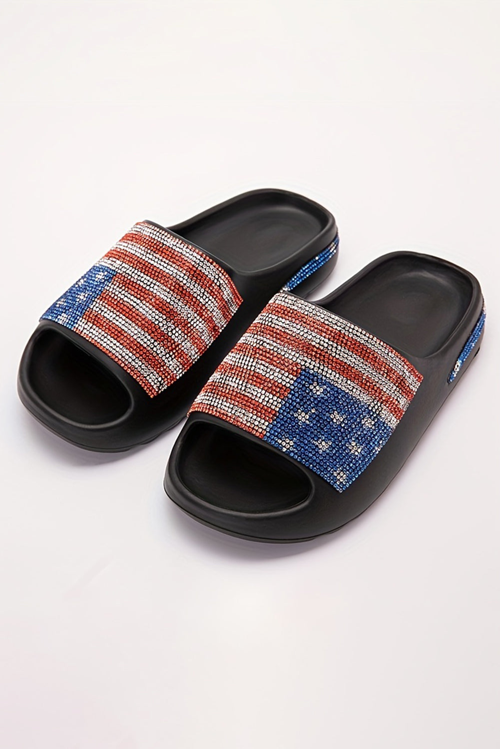 Black Rhinestone American Flag Thick Sole Slippers Slippers JT's Designer Fashion