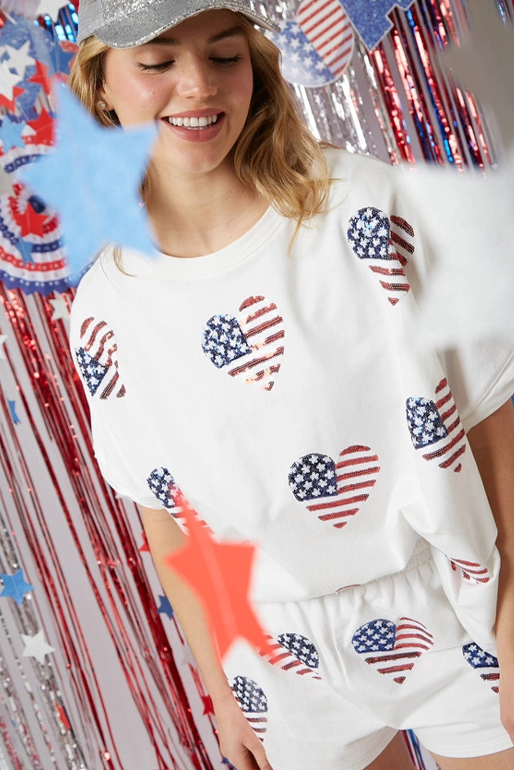 White American Flag Sequin Graphic Loose Top and Short Set Short Sets JT's Designer Fashion