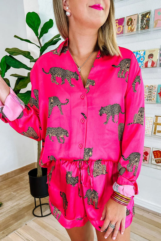 Strawberry Pink Cheetah Print Satin Shirt and Shorts Lounge Set Short Sets JT's Designer Fashion