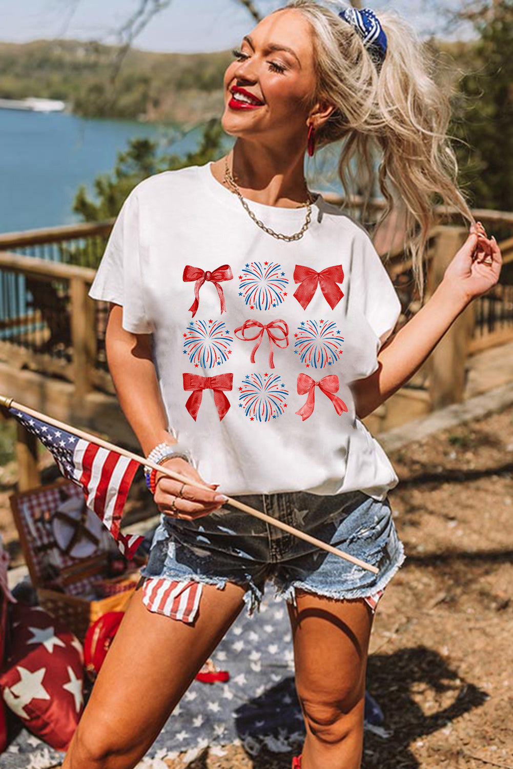 White July 4th Celerbration Bowknot Firework Graphic Tee Graphic Tees JT's Designer Fashion