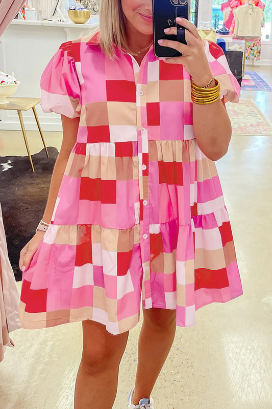 Pink Plaid Print Puff Sleeve Buttoned Tiered Dress Mini Dresses JT's Designer Fashion