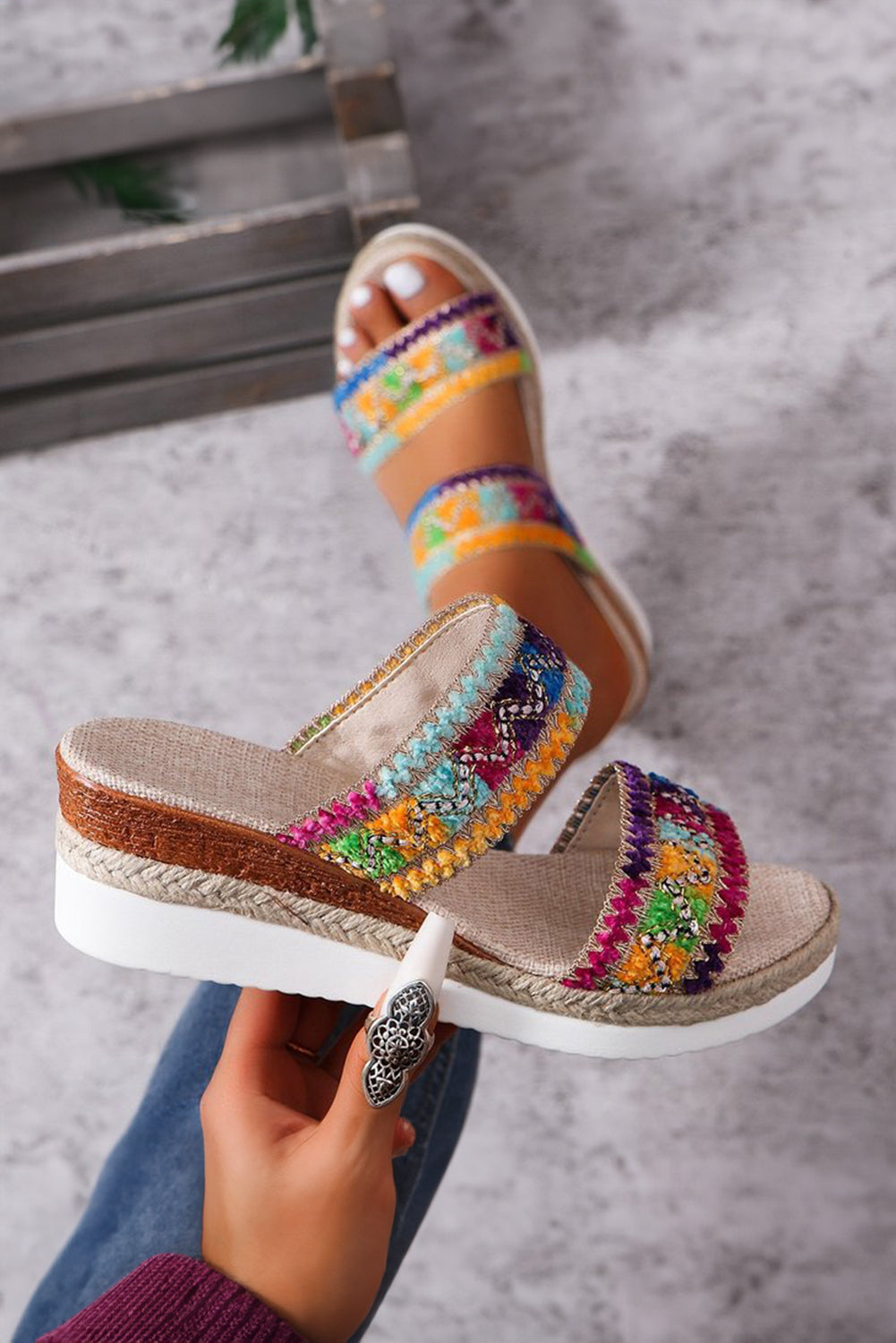 Multicolour Crochet Dual Band Wedge Slippers Slippers JT's Designer Fashion