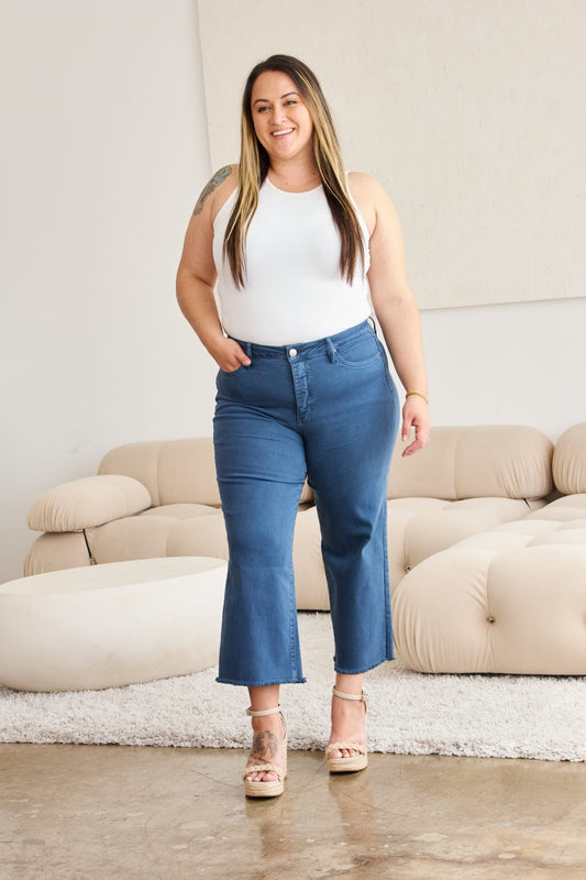 RFM Crop Chloe Full Size Tummy Control High Waist Raw Hem Jeans Blue Slate Jeans JT's Designer Fashion