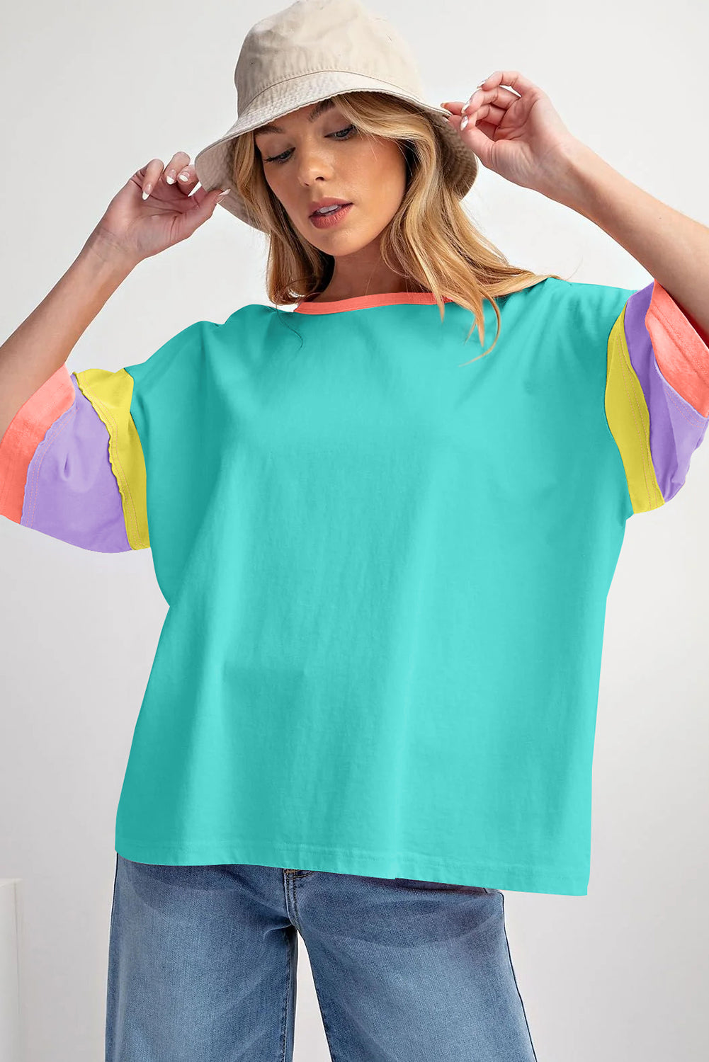 Light Blue Color Block Stitching Sleeve Round Neck Oversize Top Pre Order Tops JT's Designer Fashion