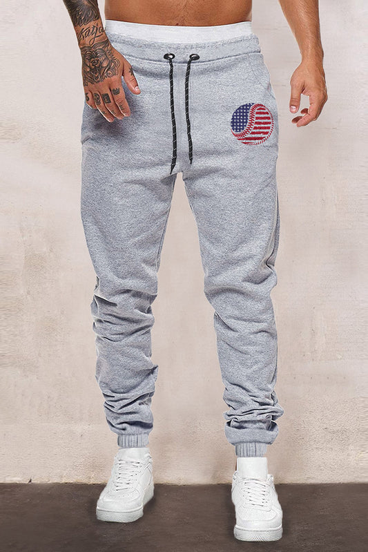 Gray American Flag Baseball Graphic Print Men's Sweatpants Gray 65%Polyester+35%Cotton Men's Pants JT's Designer Fashion
