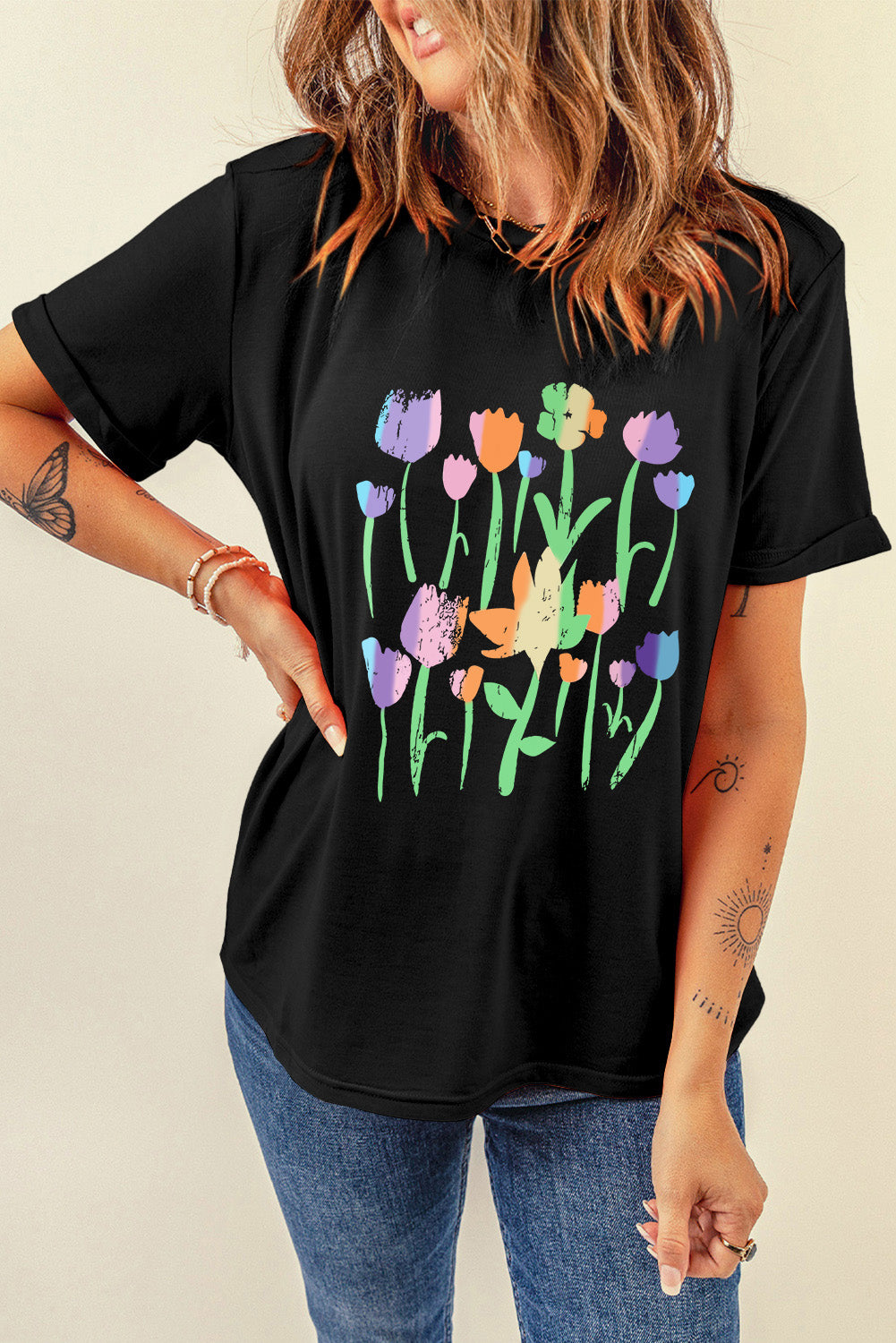 Black Floral Print Crewneck T Shirt Graphic Tees JT's Designer Fashion
