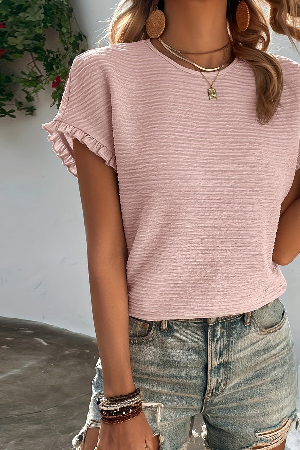 Light Pink Solid Textured Ruffled Short Sleeve Blouse Pre Order Tops JT's Designer Fashion