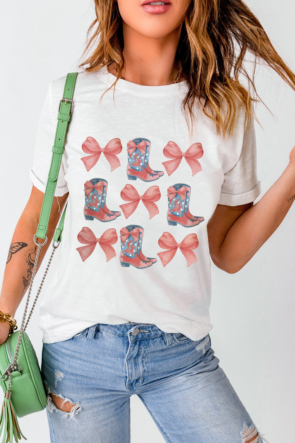 White Bowknot & Cowgirl Boots Graphic Tee Graphic Tees JT's Designer Fashion