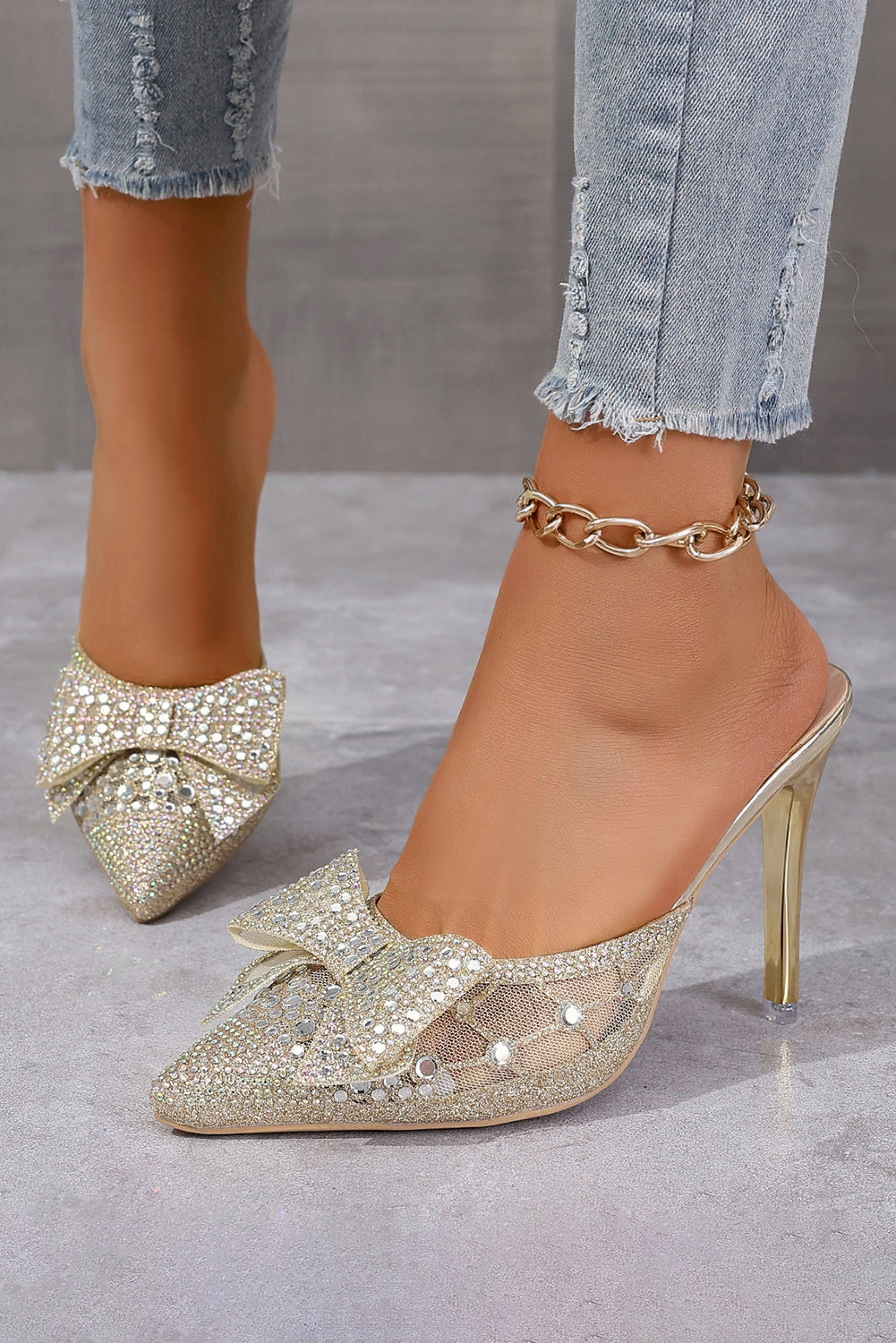 White Elegant Bow Rhinestone Mesh High Heel Slippers Slippers JT's Designer Fashion