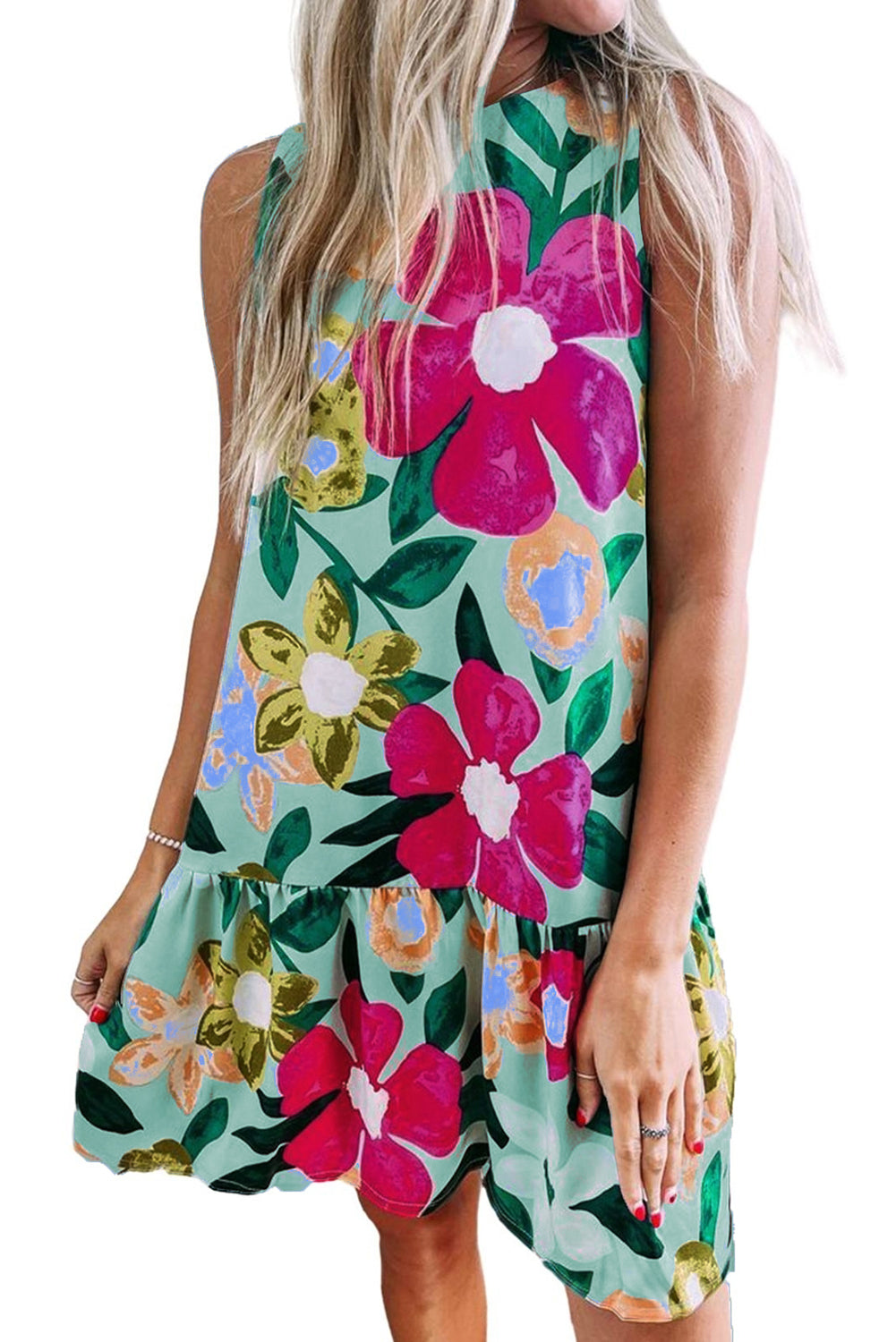 Green Flower Print Ruffled Loose Fit Sleeveless Mini Dress Mini Dresses JT's Designer Fashion