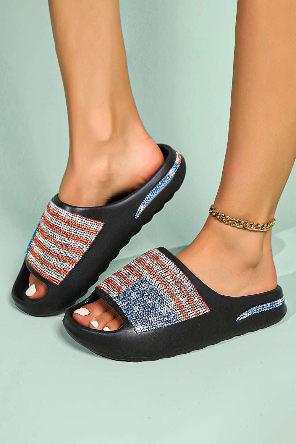 Black Rhinestone American Flag Thick Sole Slippers Slippers JT's Designer Fashion