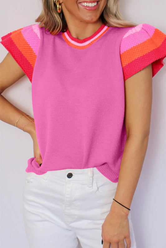 Bright Pink Knitted Contrast Sleeve Round Neck Tee Pre Order Sweaters & Cardigans JT's Designer Fashion