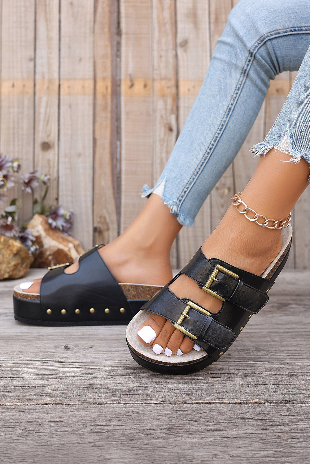 Black Dual Buckle Studded Platform Sandal Slippers Slippers JT's Designer Fashion