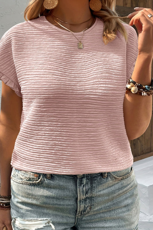 Light Pink Textured Ruffled Sleeve Plus T Shirt Pre Order Plus Size JT's Designer Fashion