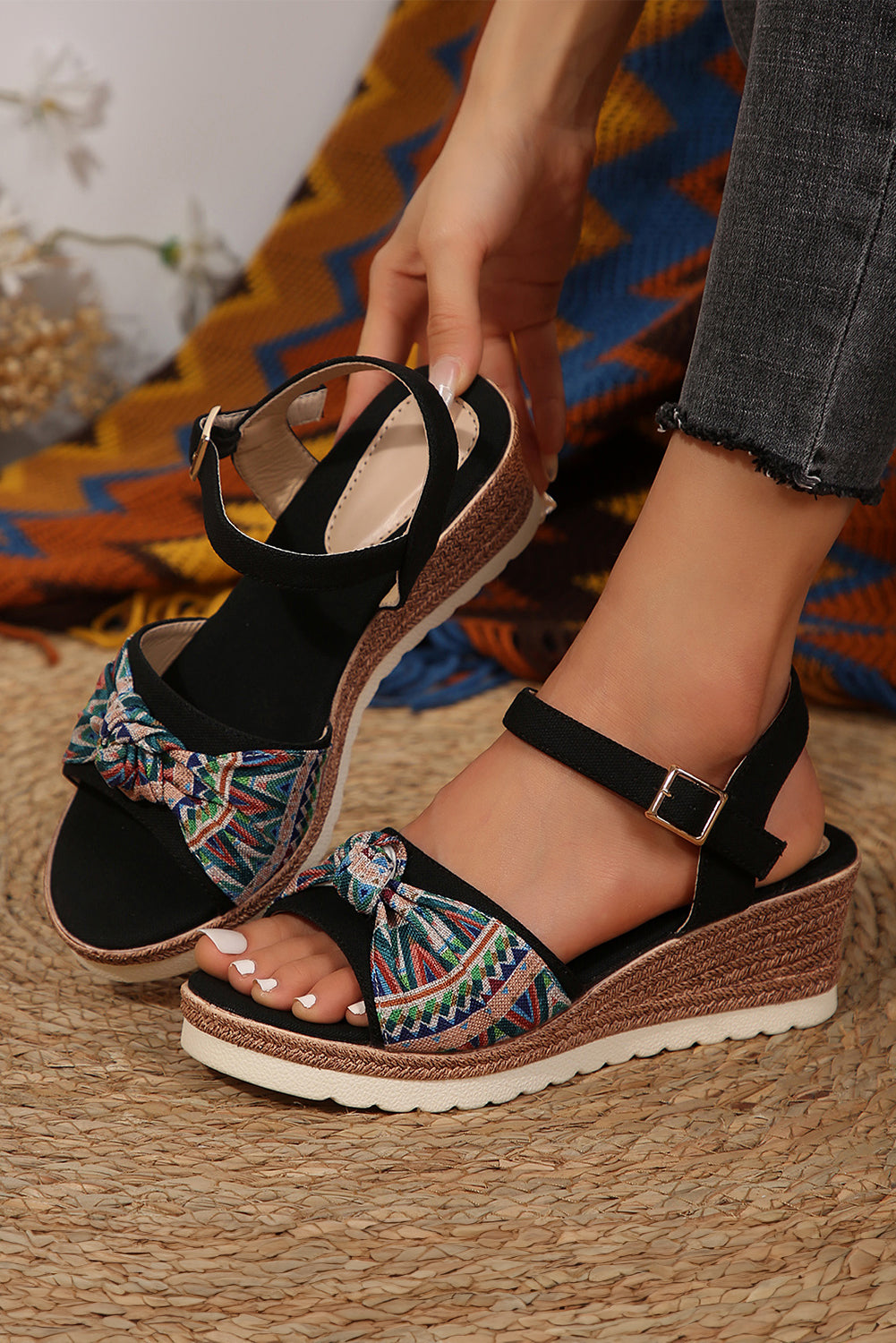 Color black Contrast Bow Decor Buckle Strap Wedge Sandals Sandals JT's Designer Fashion