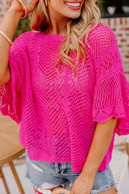Rose Red Pointelle Knit Scallop Edge Short Sleeve Knit Top Pre Order Sweaters & Cardigans JT's Designer Fashion