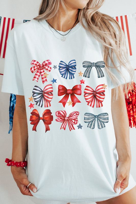 White Stripe and Star Bowknot Graphic Tee Graphic Tees JT's Designer Fashion