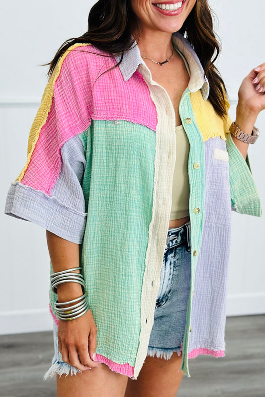 Multicolour Oversized Textured Exposed Seam Half Sleeve Shirt