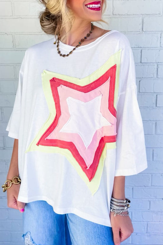 White Colorblock Star Patched Half Sleeve Oversized Tee Pre Order Tops JT's Designer Fashion
