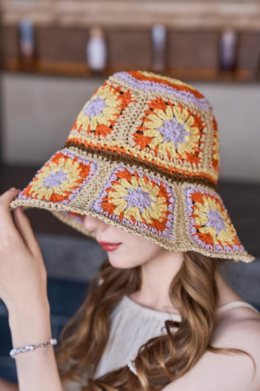 Beige Boho Flower Crochet Wide Brim Buckle Hat Hats & Caps JT's Designer Fashion