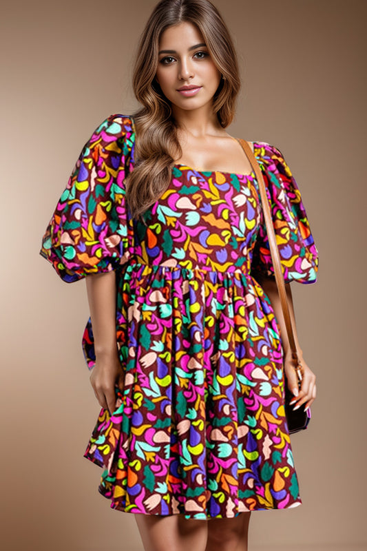 Plus Size Printed Square Neck Half Sleeve Dress Multicolor Dresses JT's Designer Fashion