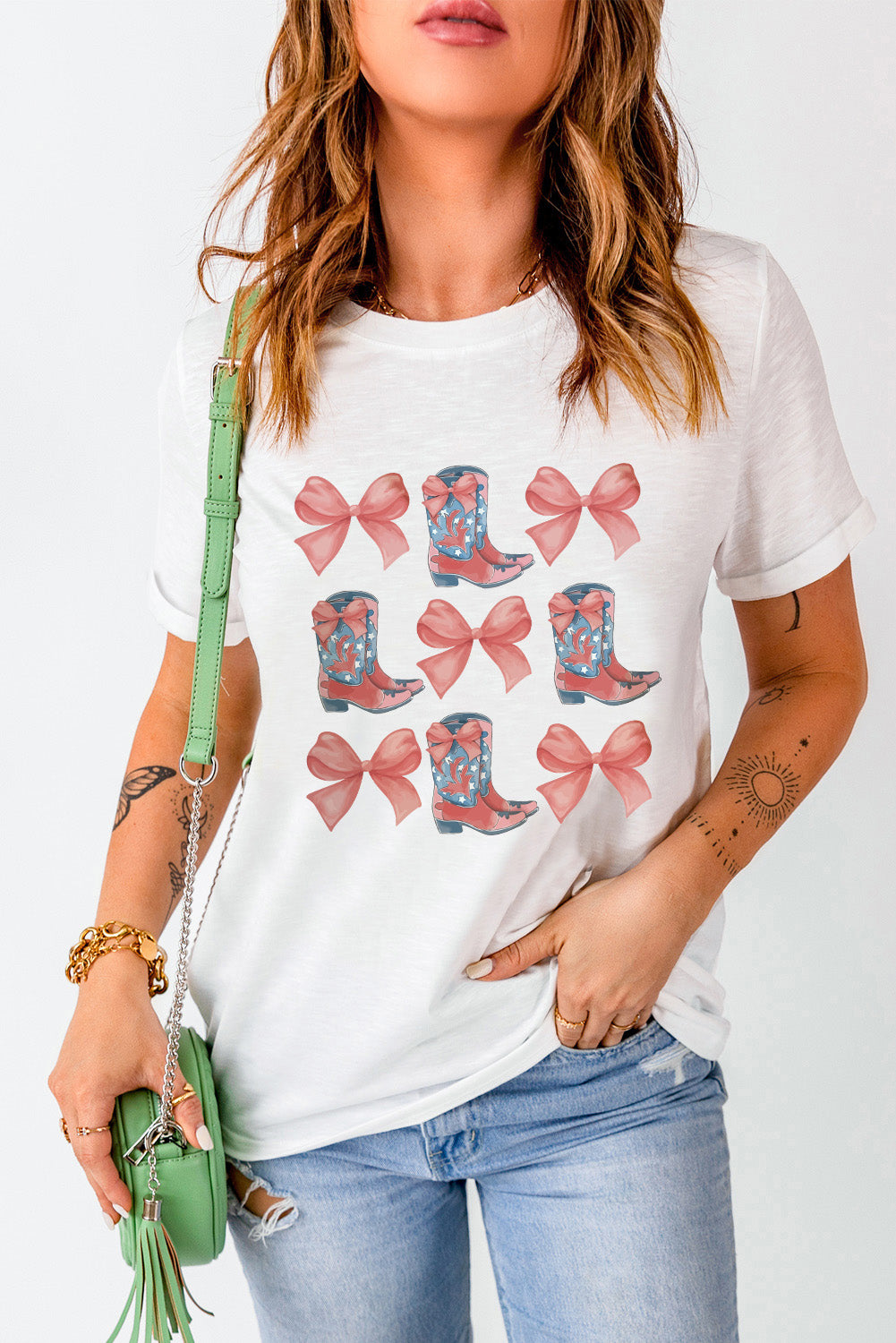 White Bowknot & Cowgirl Boots Graphic Tee Graphic Tees JT's Designer Fashion