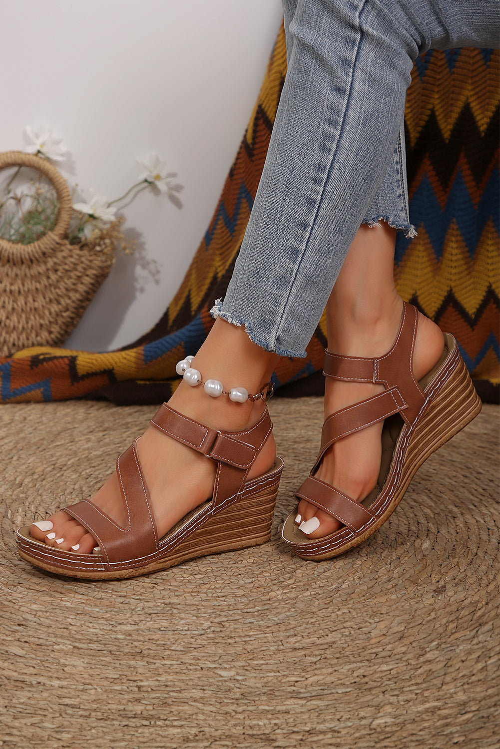 Chestnut Hollow Out Leather Wedge Sandals Sandals JT's Designer Fashion