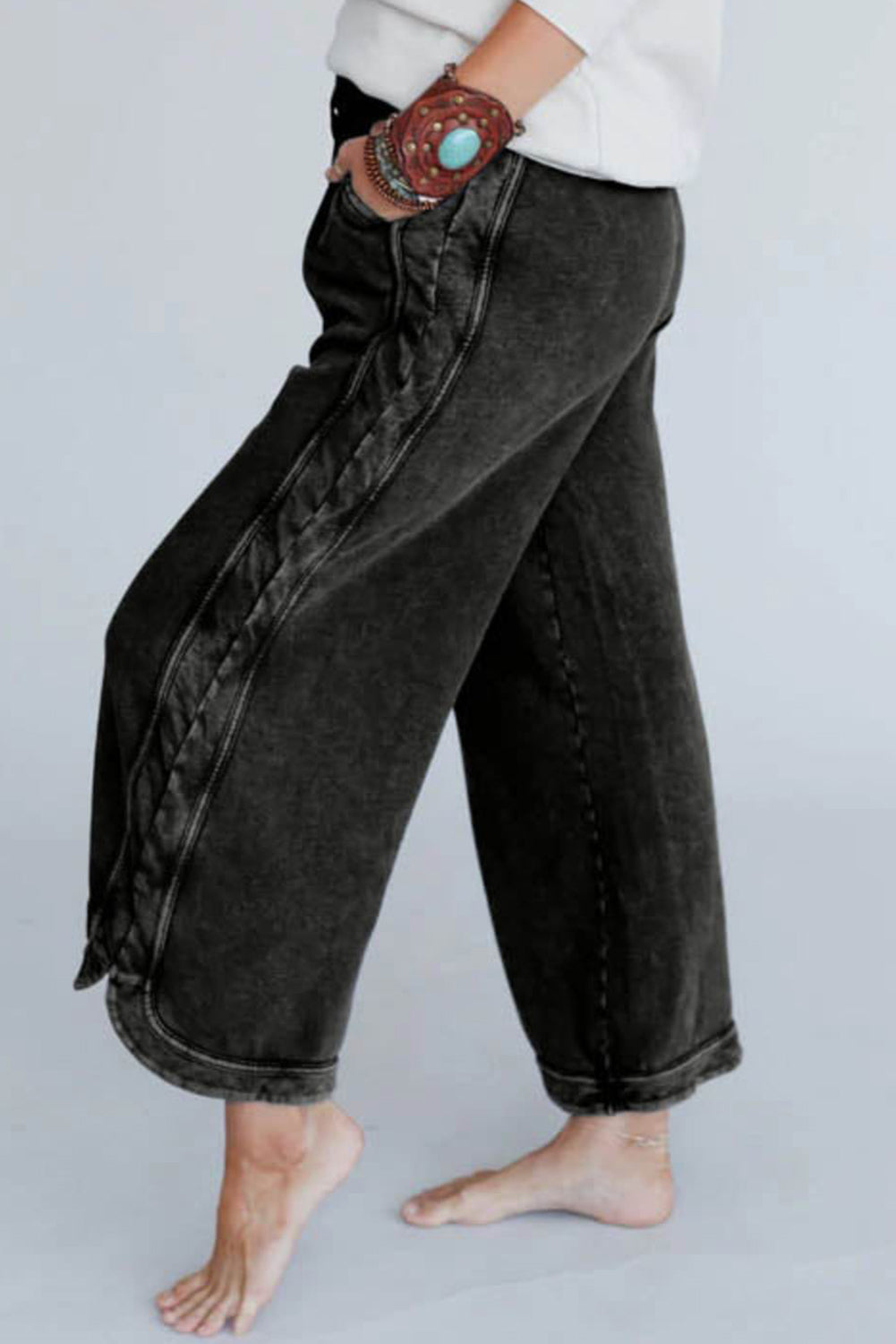 Black Mineral Wash Exposed Seam Wide Leg Pants Pre Order Bottoms JT's Designer Fashion