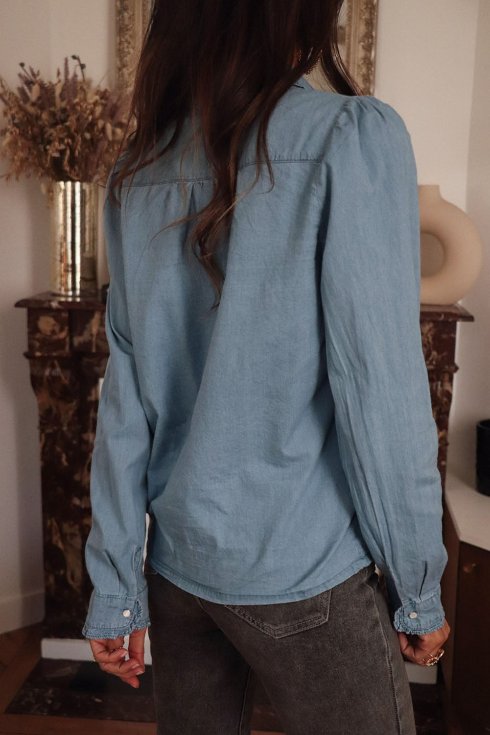 Dusk Blue Turn-down Collar Chambray Shirt Pre Order Tops JT's Designer Fashion
