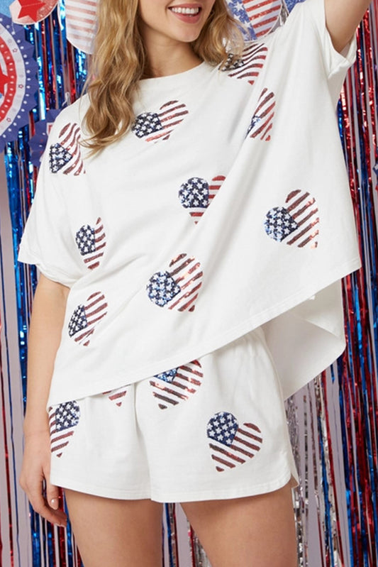 White American Flag Sequin Graphic Loose Top and Short Set Short Sets JT's Designer Fashion