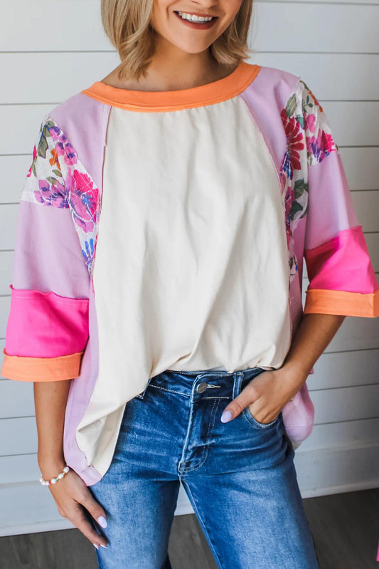 Pink Floral Accent Colorblock Patchwork 3/4 Sleeve T-shirt