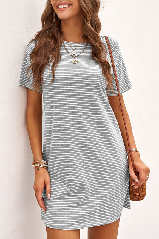 Gray Raglan Sleeve Striped Cotton-blend T-shirt Mini Dress T Shirt Dresses JT's Designer Fashion