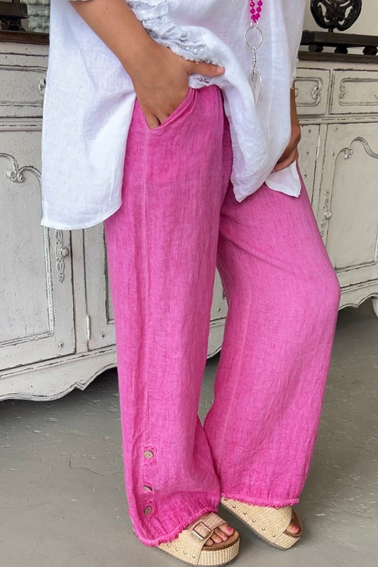 Bright Pink Button Frayed Wide Leg Cotton Linen Pants Pre Order Bottoms JT's Designer Fashion