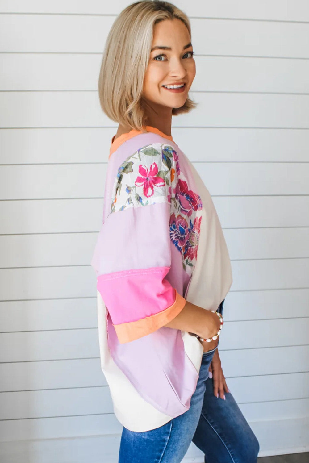 Pink Floral Accent Colorblock Patchwork 3/4 Sleeve T-shirt Pre Order Tops JT's Designer Fashion