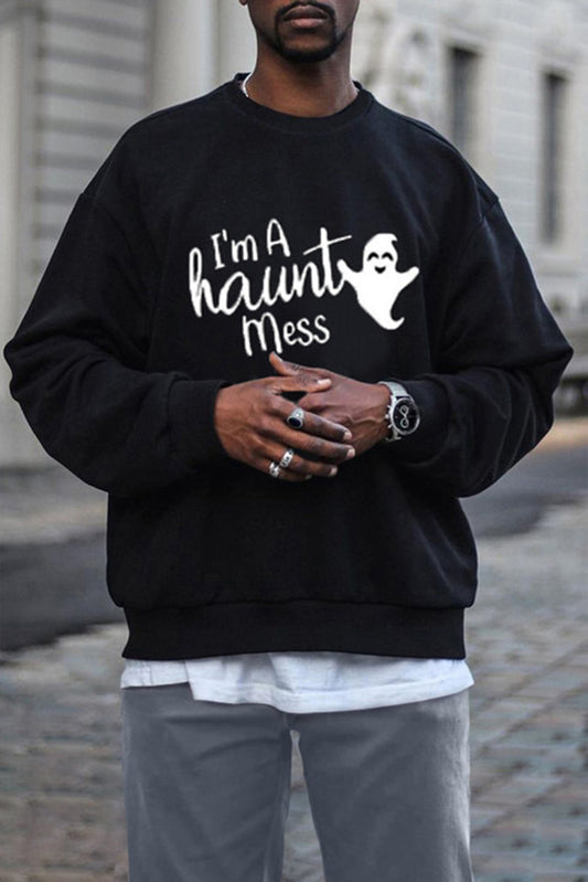 Halloween Letter Ghost Print Crew Neck Men's Sweatshirt Black 75%Cotton+23%Polyester+2%Spandex Men's Tops JT's Designer Fashion